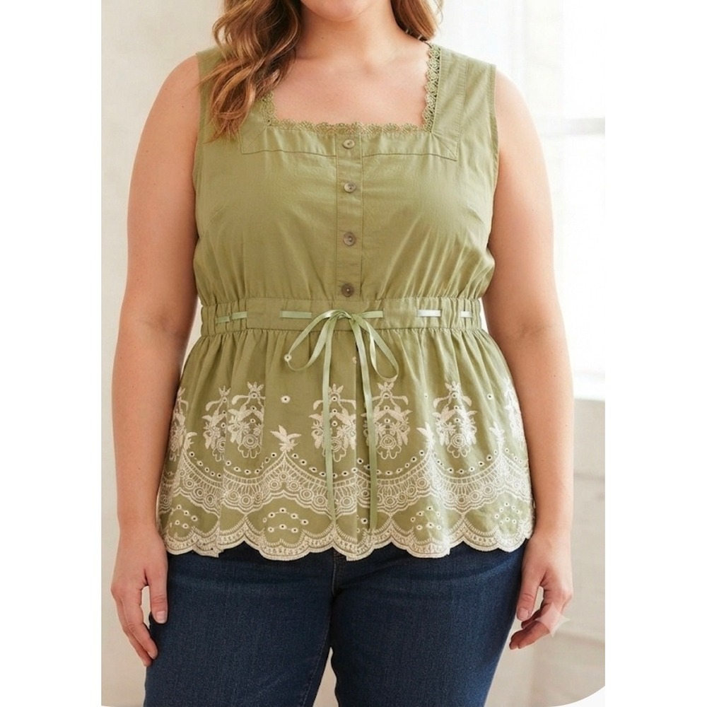 Women Sage Green Eyelet Lace Peplum Top Sleeveless Cotton Cottagecore Fairy 2X